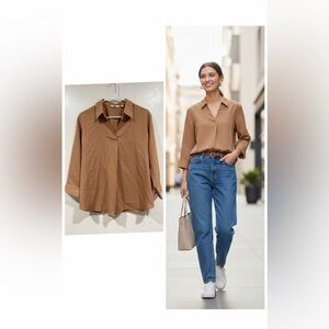 Uniqlo Tan Collared Business Casual Work Blouse size M